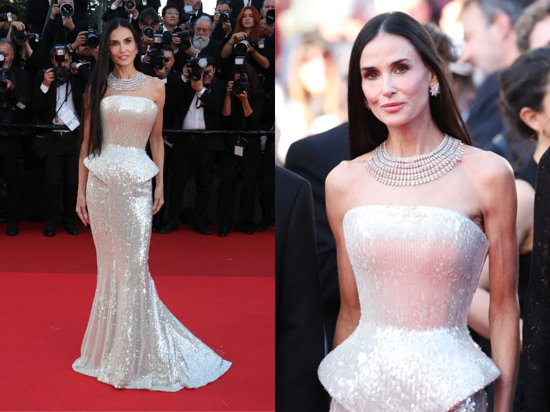 Demi Moore trên thảm đỏ với thiết kế Jacquemus