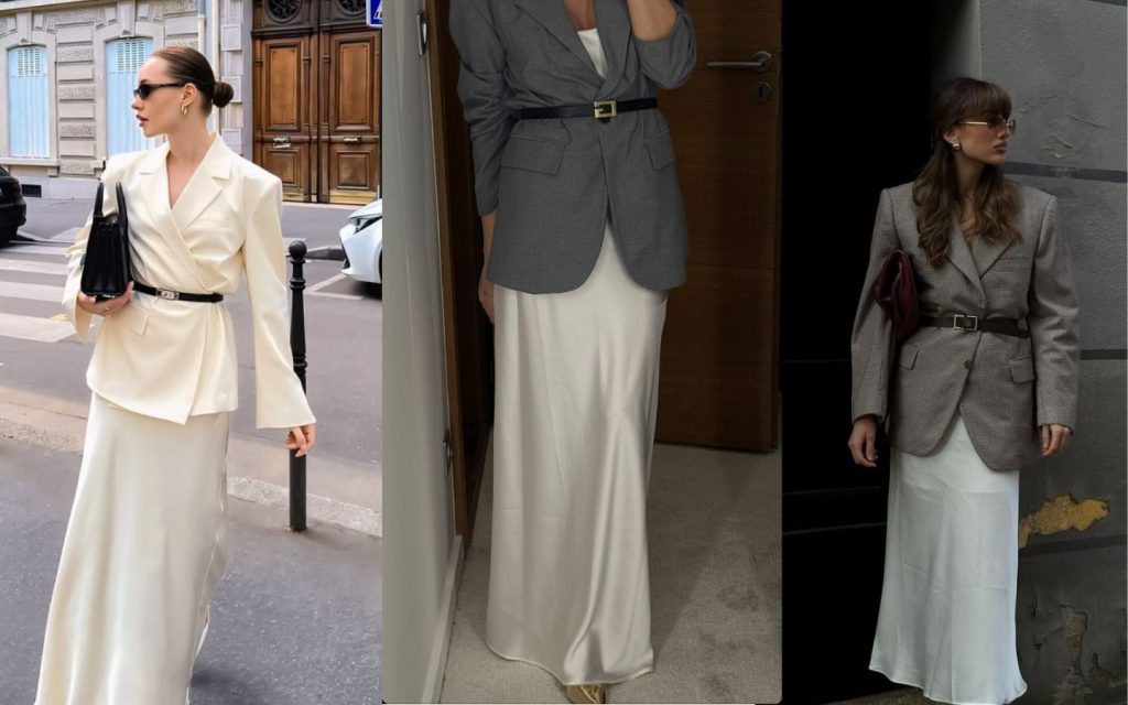 Blazer thắt eo với chân váy satin
