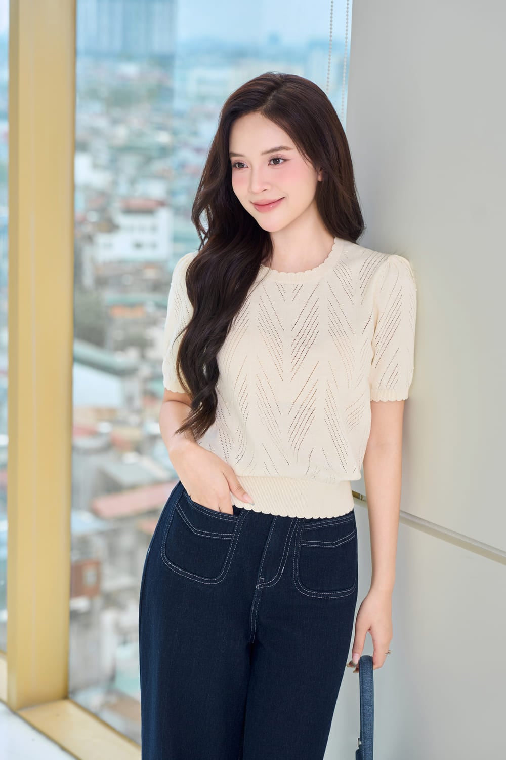 Áo sợi cotton tay cộc cổ tròn vân chéo