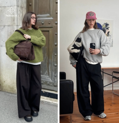 Kỹ thuật phối áo sweater cùng áo thun trắng tạo điểm nhấn ở cổ và gấu áo