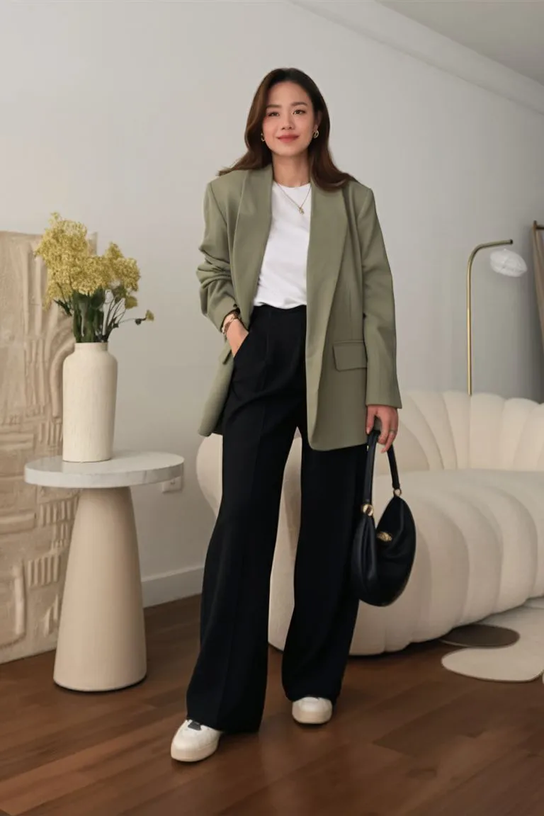 Phối áo blazer cùng quần tây ống suông công sở