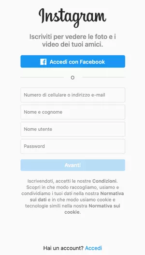 Giao diện đăng ký Instagram trên điện thoại
