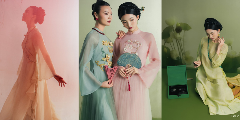 Áo dài tơ đính kết cúc thy