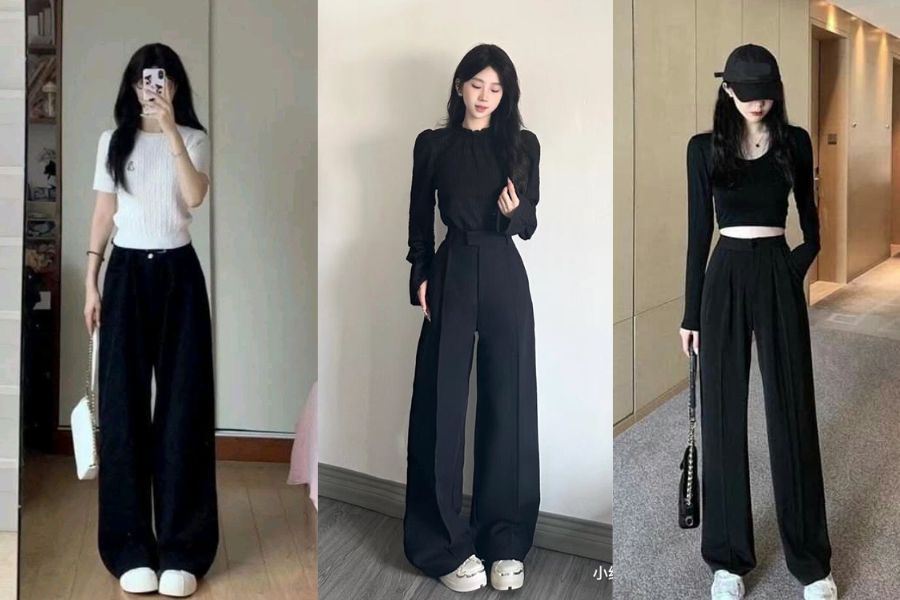 Áo len mix quần dài ống suông với áo khoác ngoài