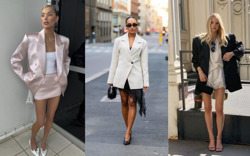Blazer và chân váy ngắn satin