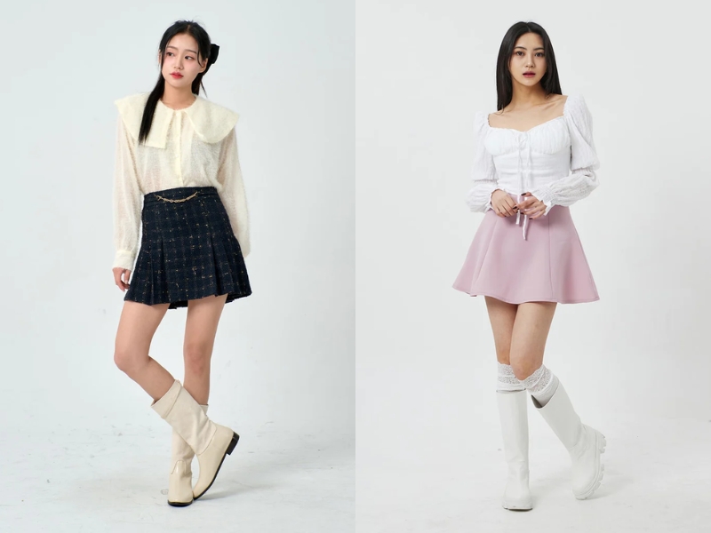 áo kiểu nữ tính phối với chân váy xòe