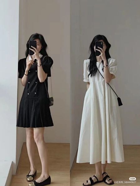 Outfit mùa hè - Đầm midi cotton diện cùng sandal quai ngang và túi cói nhỏ