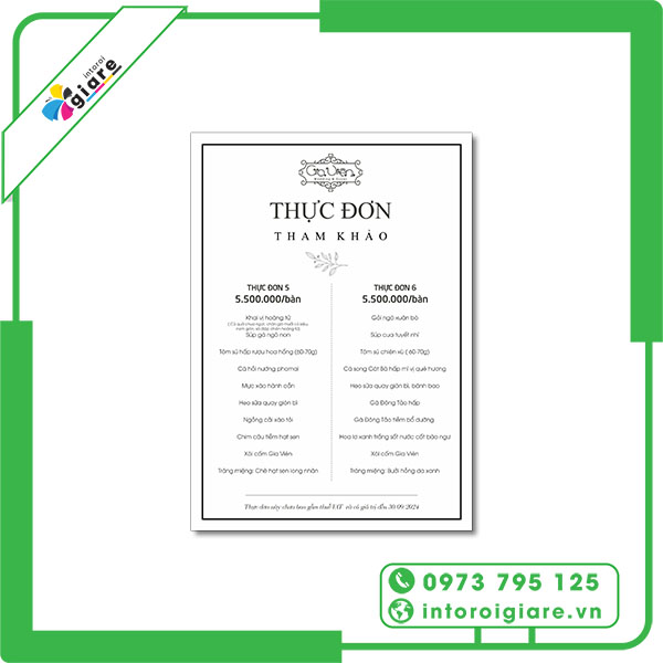 Mẫu menu đám cưới Gia Viên layout sang trọng