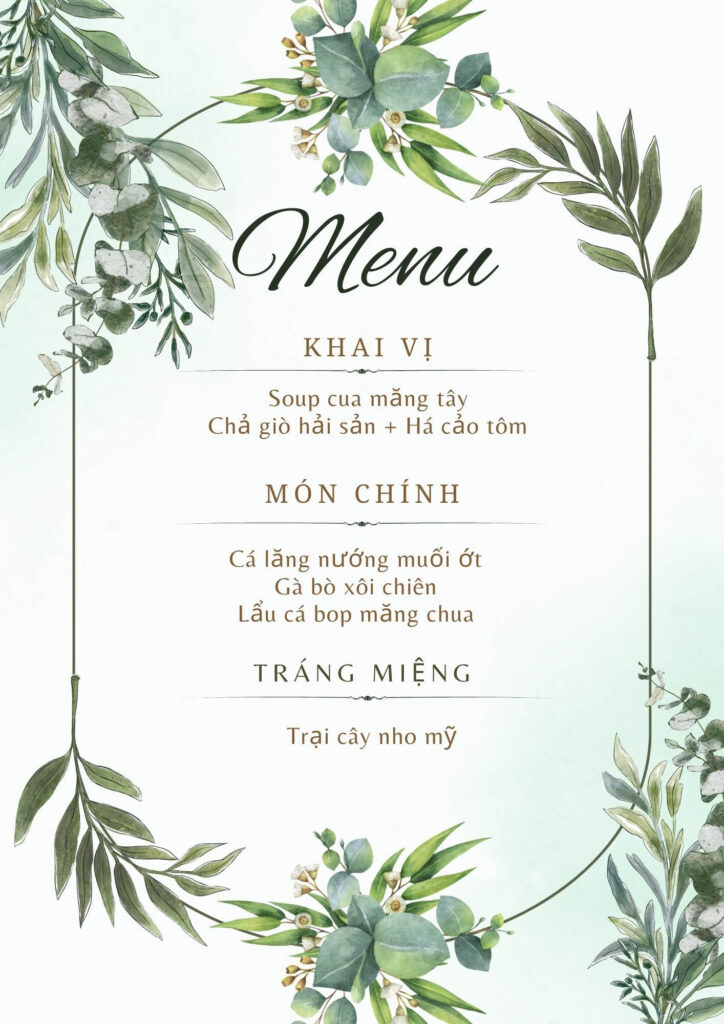 Các mẫu thực đơn đám cưới tại nhà