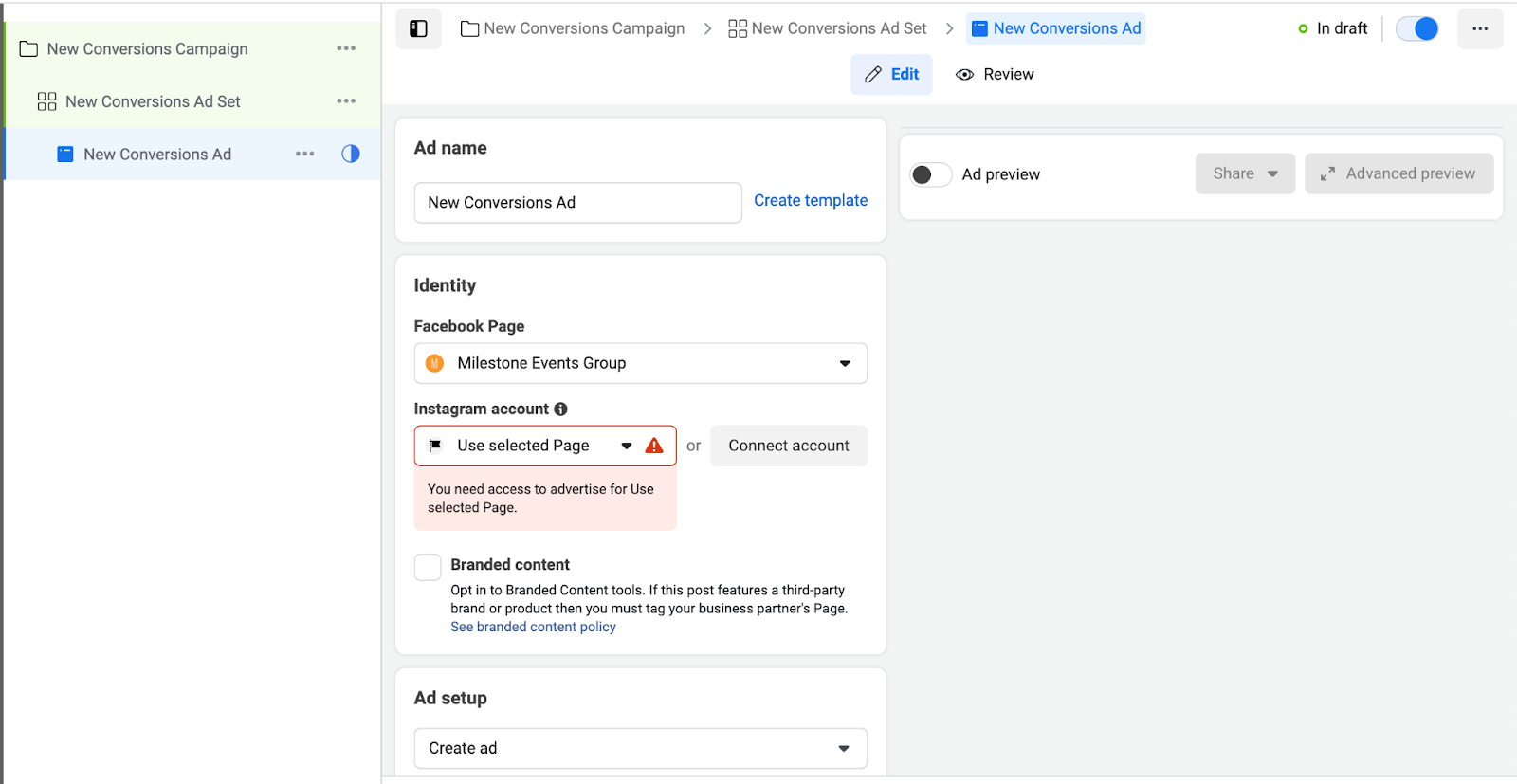 Giao diện Ads Manager để tạo quảng cáo mới