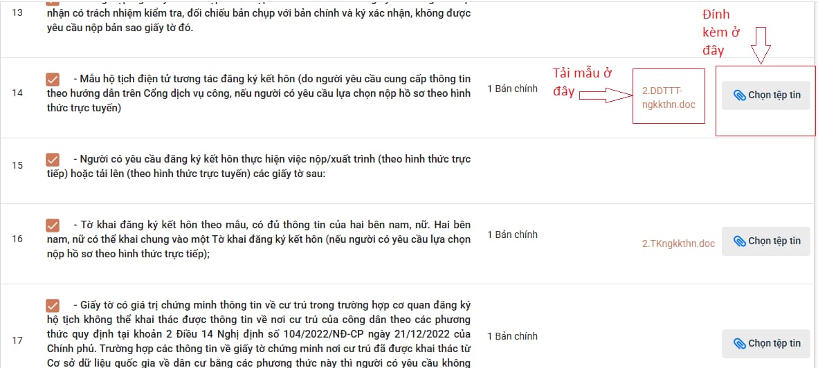 Mục đính kèm hồ sơ đăng ký kết hôn