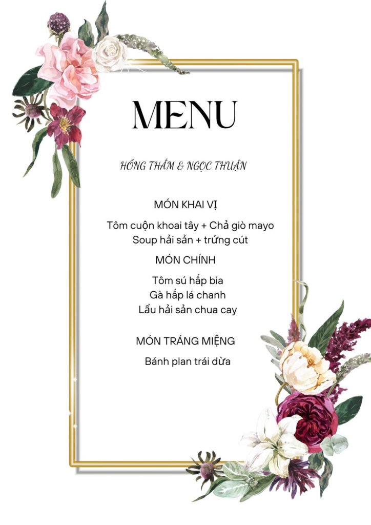 Mẫu menu đám cưới để bàn