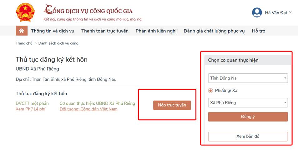 Màn hình chi tiết thủ tục và nút nộp hồ sơ trực tuyến