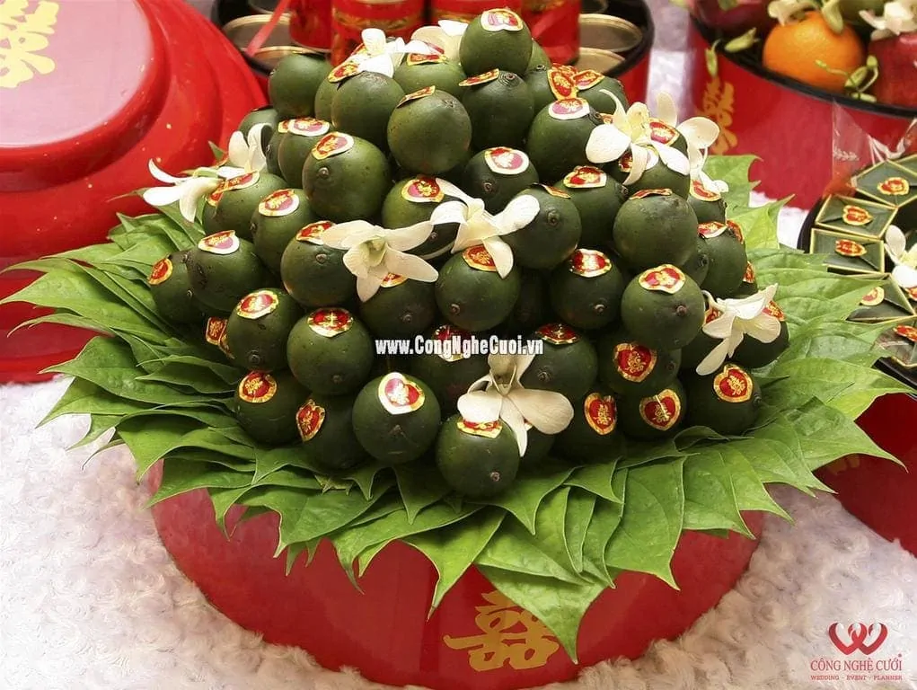 Mâm quả cưới hỏi được sắp xếp chỉn chu
