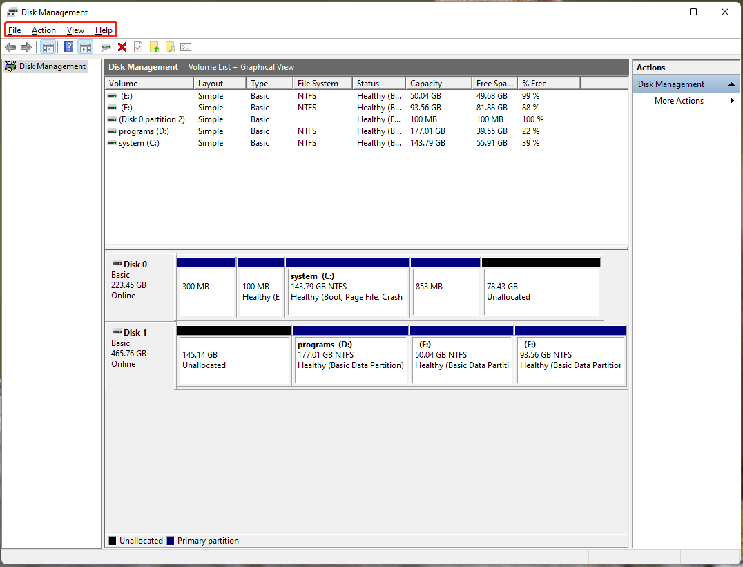 Menu và thanh công cụ trong Disk Management