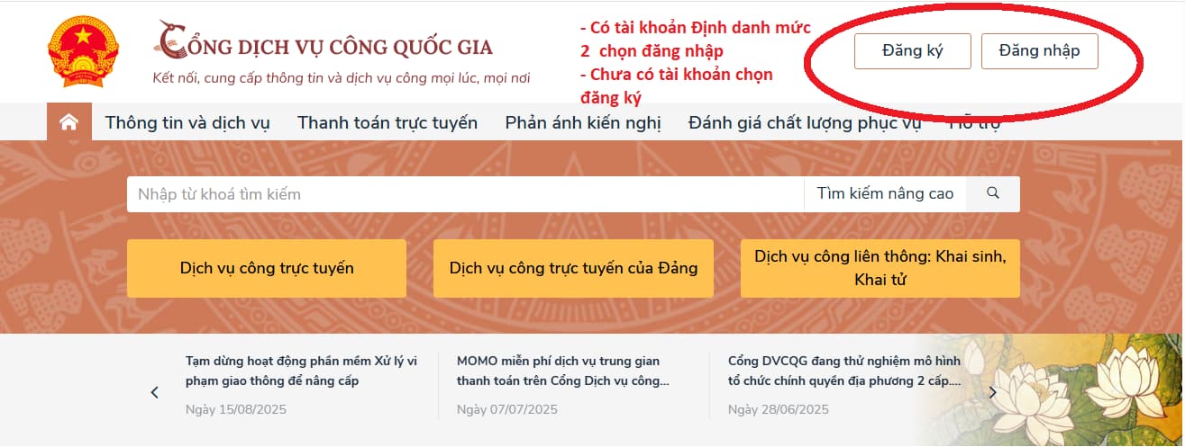 Đăng nhập cổng dịch vụ công quốc gia