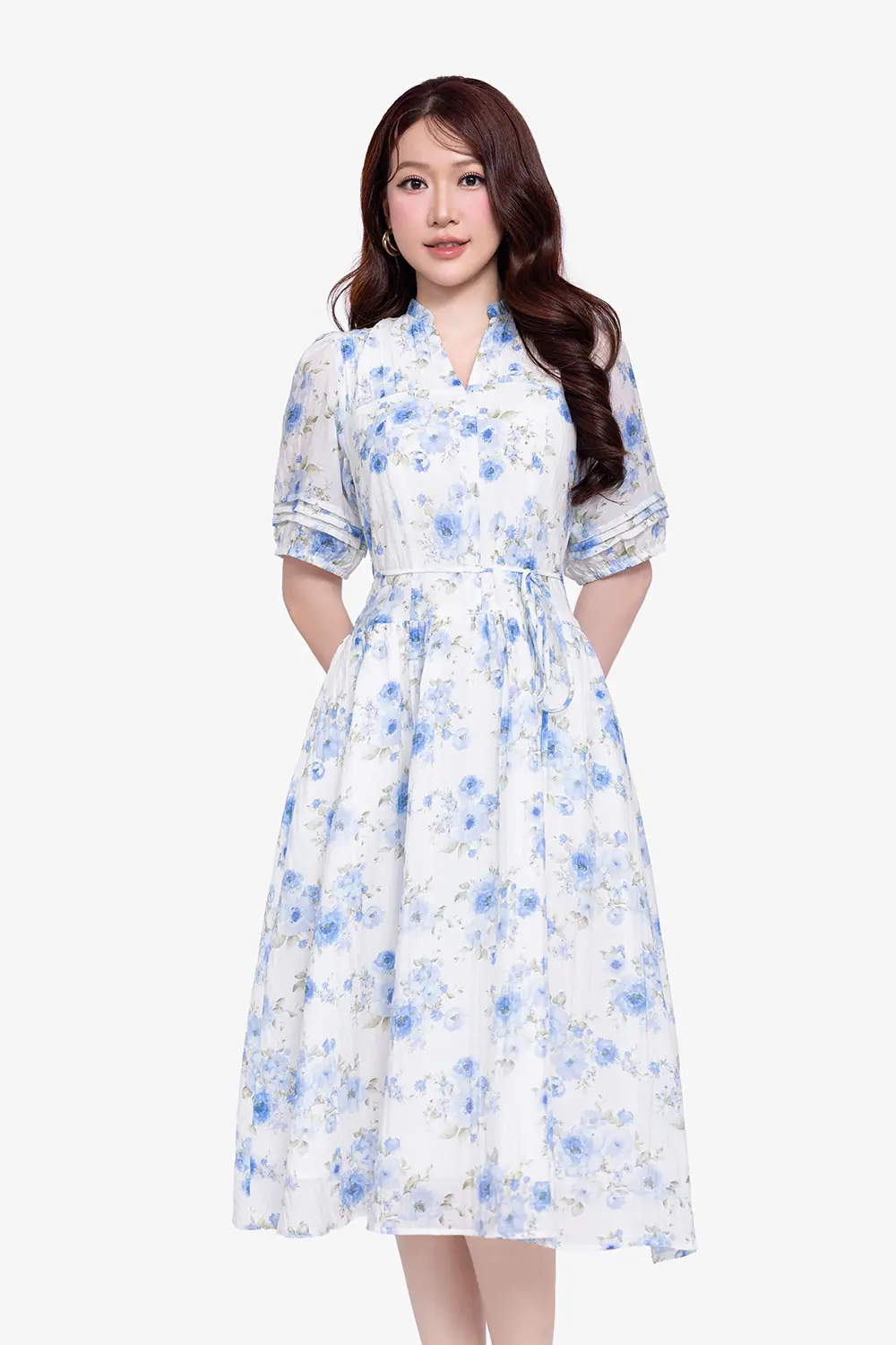 Đầm hoa dáng xòe cổ xẻ V thắt nơ eo