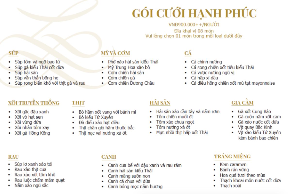 Chi tiết menu gói Hạnh Phúc.