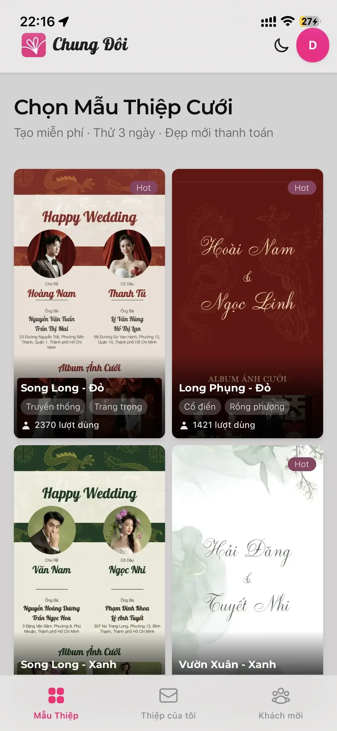 Danh sách mẫu thiệp cưới online trên Chung Đôi