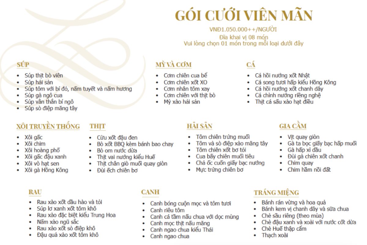 Chi tiết menu gói Viên Mãn.