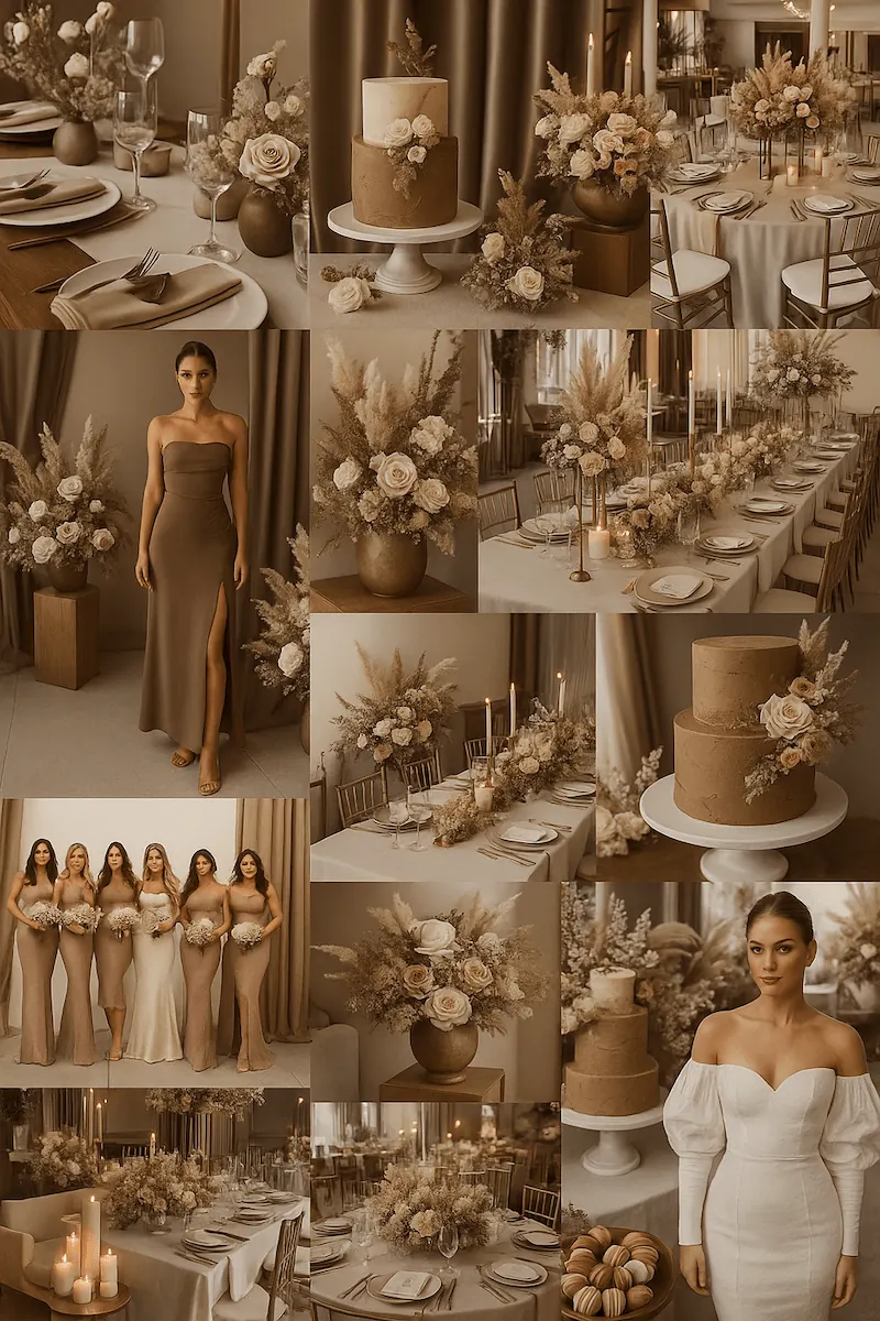 Bảng màu cưới Mocha Latte tối giản hiện đại cho không gian cưới đương đại