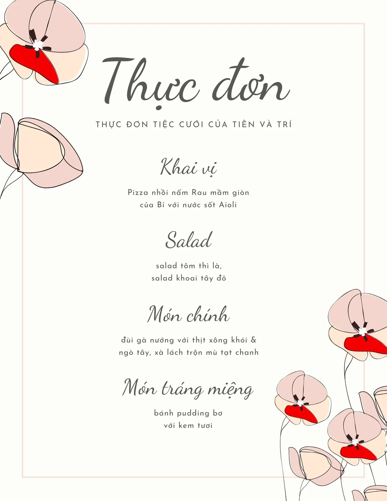 Mẫu thực đơn cưới hồng nhạt minh họa hoa, phù hợp phong cách lãng mạn