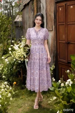 EX9772 Đầm Xoè Tơ Giấy Hoa Nhí Tím