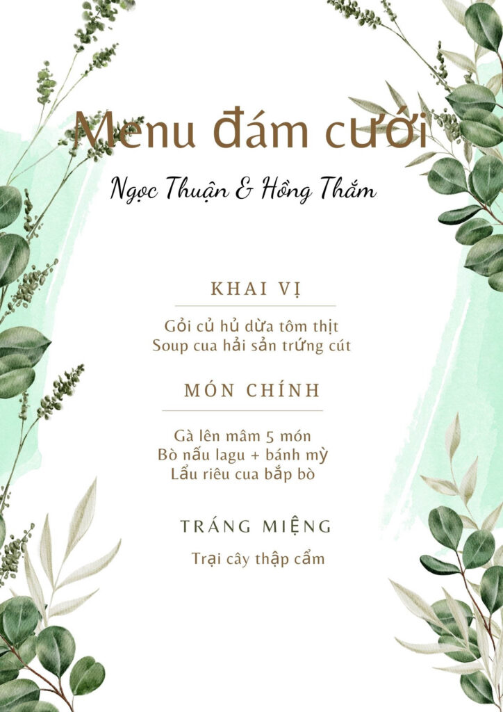 Mẫu thực đơn tiệc cưới đẹp