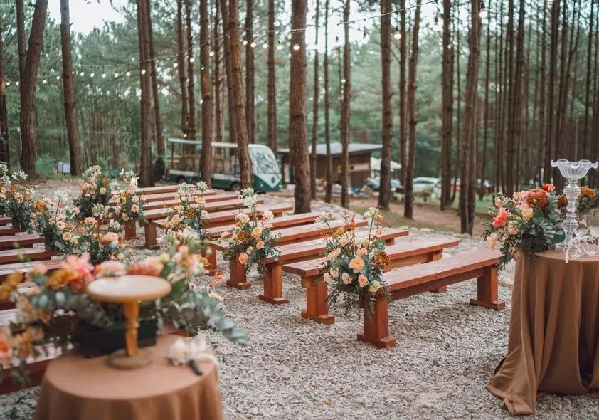 Trang trí đám cưới trong rừng với lối lên sân khấu