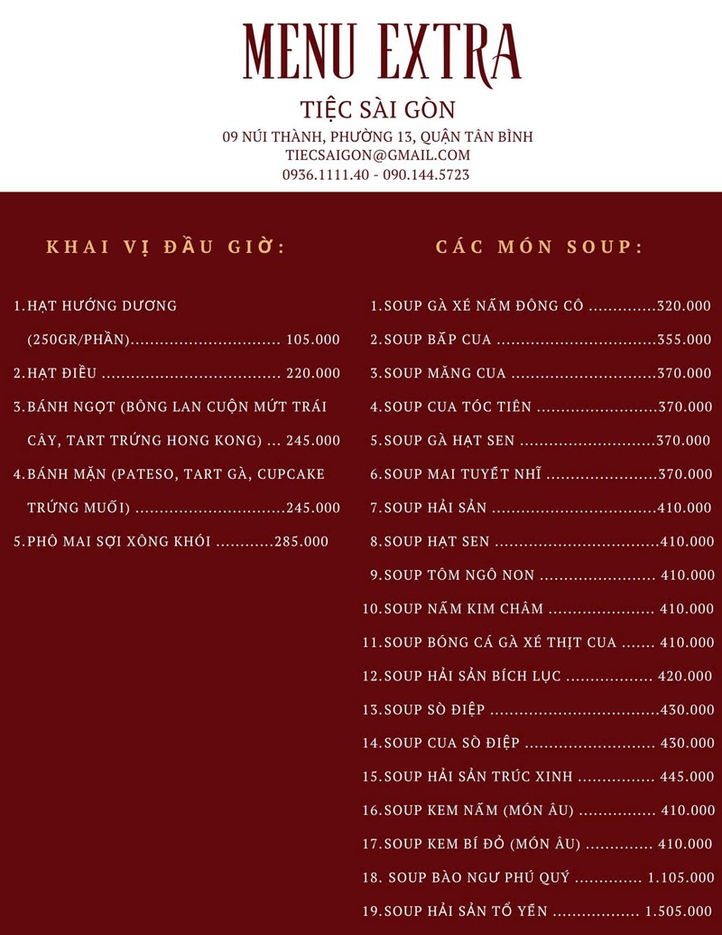 Menu tiệc bàn tận nơi theo yêu cầu