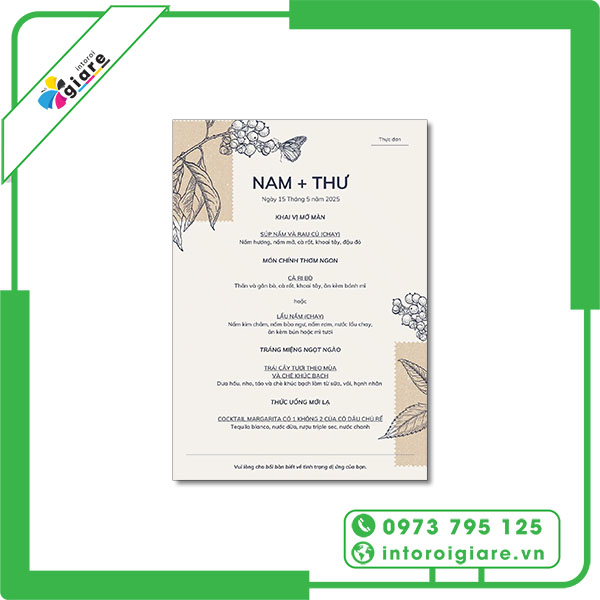 Mẫu menu đám cưới đơn giản tinh tế