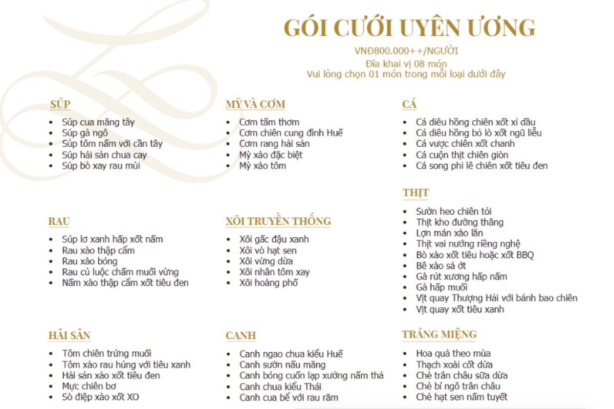 Chi tiết menu gói Uyên Ương.