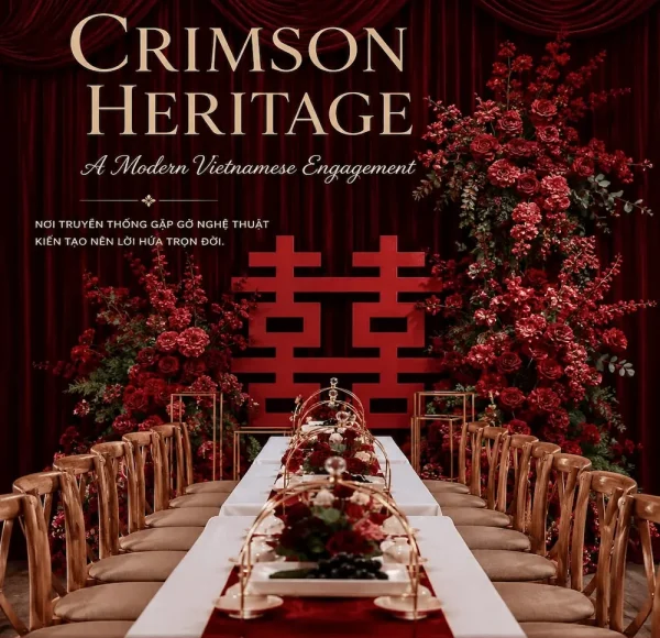 Không gian trang trí lễ ăn hỏi tông đỏ Crimson Heritage mang đậm bản sắc Việt đương đại