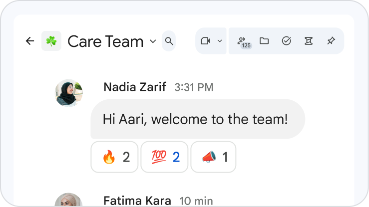Cuộc trò chuyện trong Google Chat trong một không gian có tên là "care team" (nhóm chăm sóc) hiển thị một tin nhắn chào mừng có nhiều biểu tượng cảm xúc như biểu tượng ngọn lửa và biểu tượng "100".