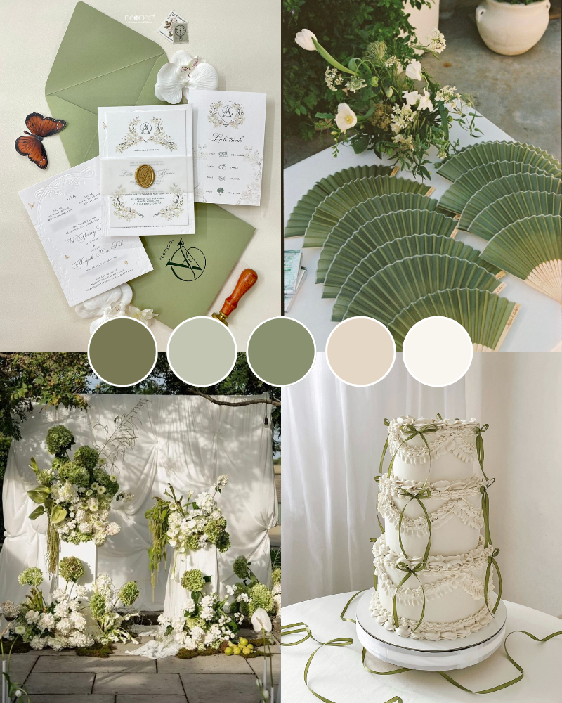 Xanh sage và beige trong bảng màu cưới tối giản