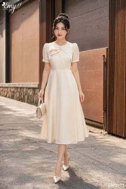 EM2273 Đầm Xòe Taffta Phối Nơ Cổ Đính Đá