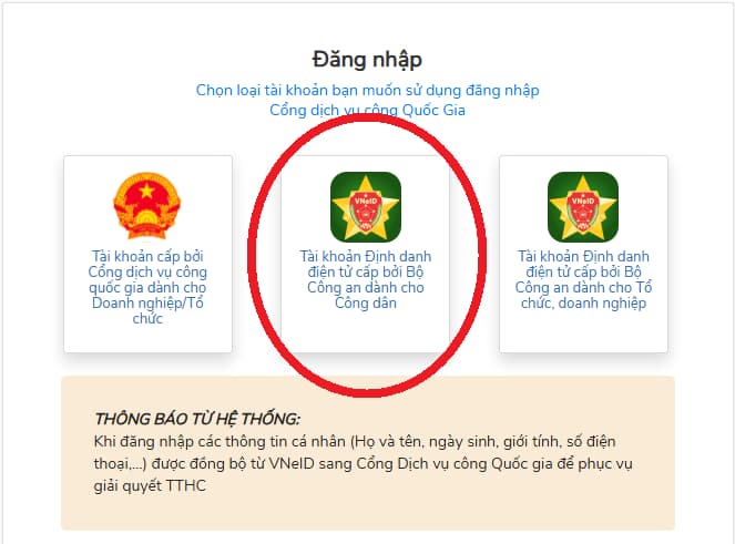 Chọn tài khoản định danh điện tử