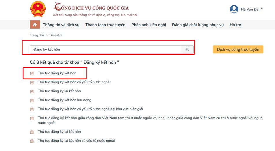 Thanh tìm kiếm và kết quả thủ tục đăng ký kết hôn