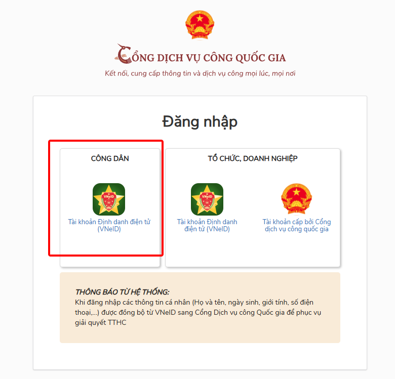 Màn hình lựa chọn đăng nhập qua tài khoản VNeID