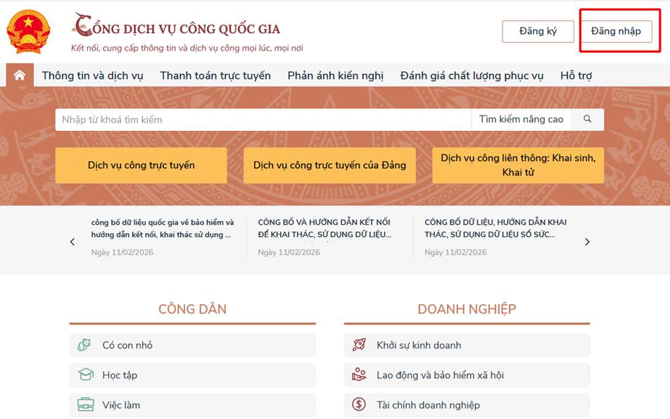 Giao diện trang chủ Cổng Dịch vụ công Quốc gia