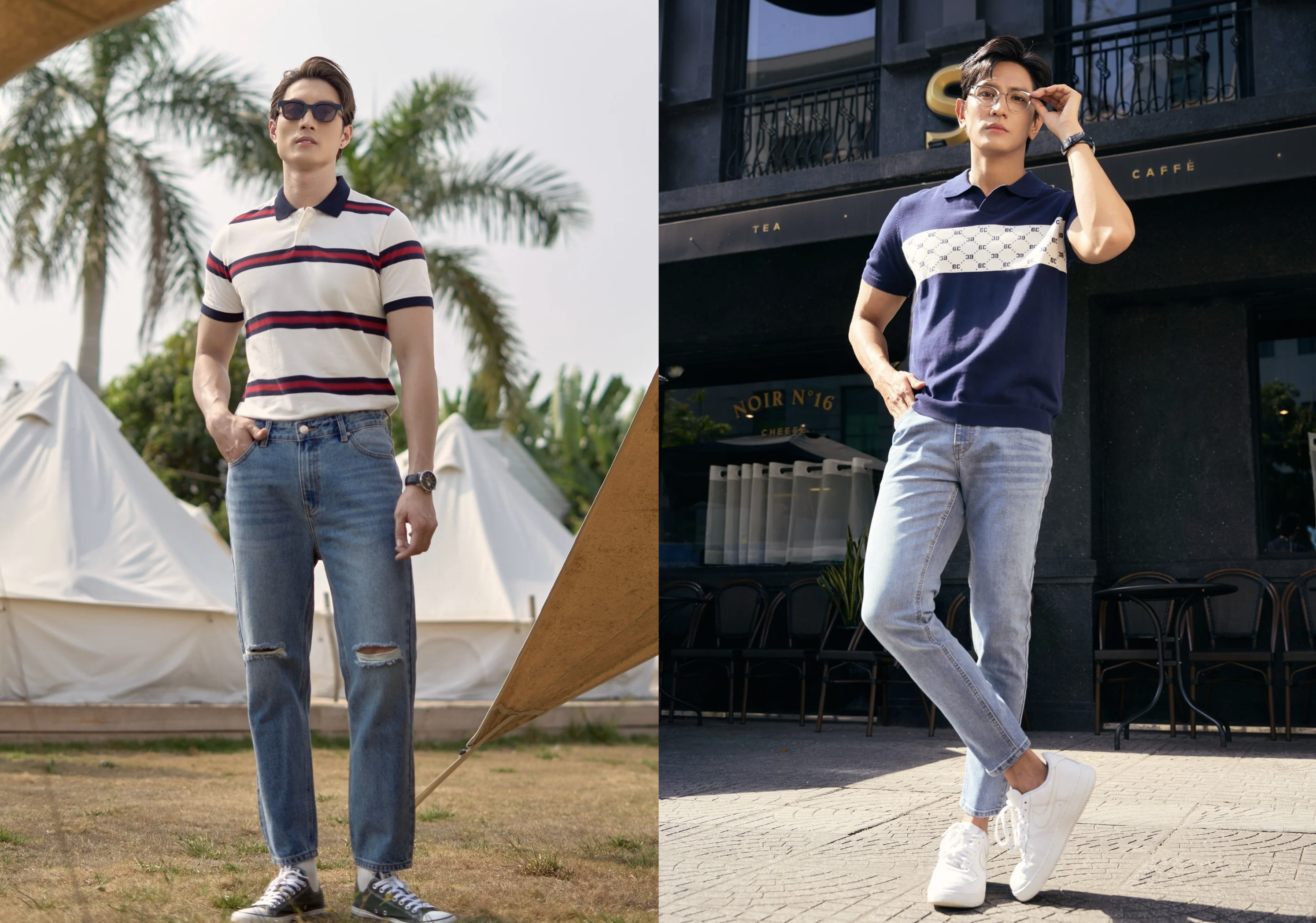 Áo polo phối quần jean và sneaker trẻ trung
