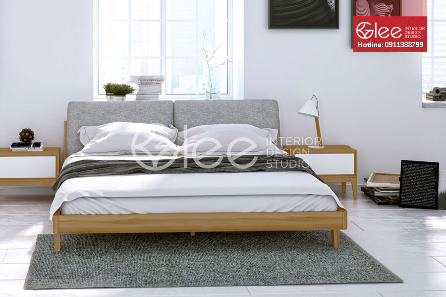 Phòng cưới phong thủy với giường gỗ sáng màu
