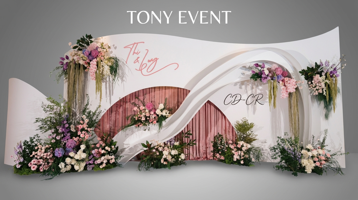 Backdrop sân khấu cưới Classic với hoa mix lụa