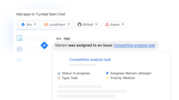Giao diện Google Chat hiển thị Jira đang được thêm vào một cuộc trò chuyện nhóm. Cửa sổ mở rộng cho thấy các thành phần khác nhau của một dự án như trạng thái, loại, người được giao và mức độ ưu tiên.
