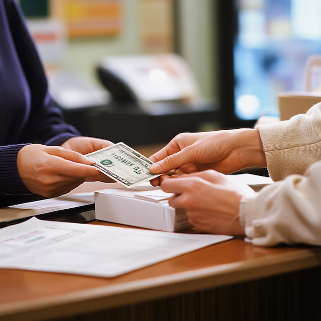 person receiving money at bank counter