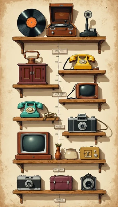 Bộ sưu tập các thiết bị công nghệ đời cũ bao gồm máy nghe nhạc và điện thoại