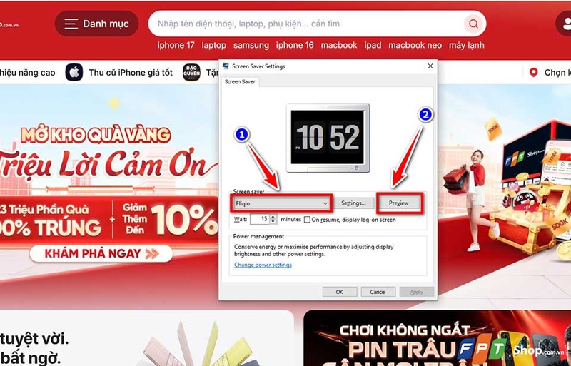 Cửa sổ Screen Saver Settings trong Windows 10