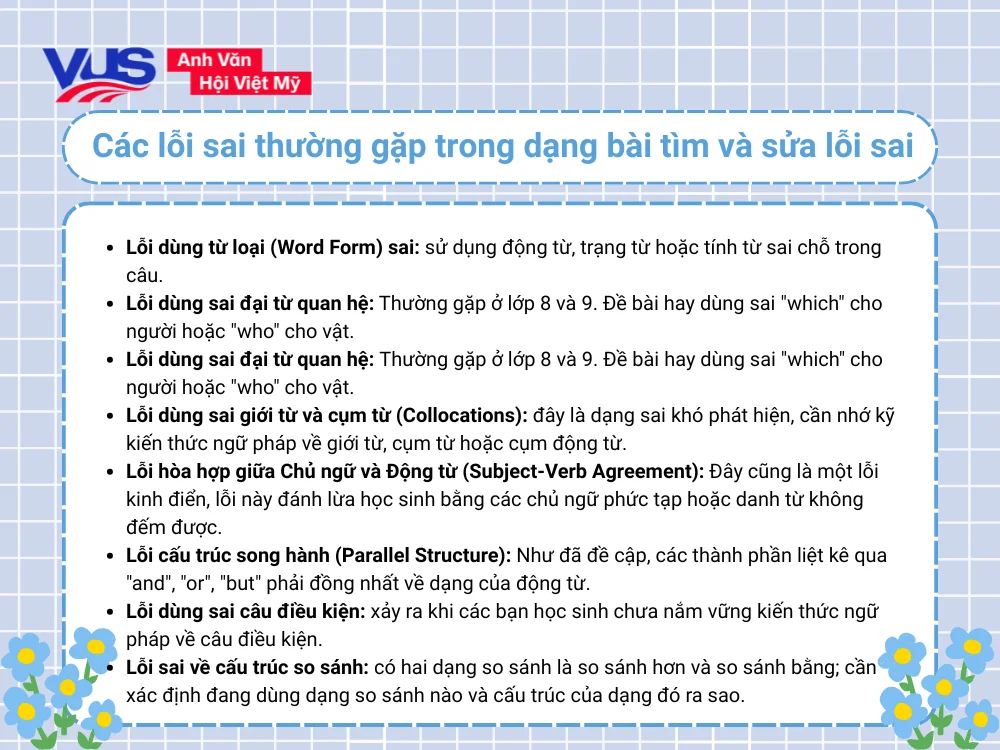 Các nhóm lỗi sai phổ biến cần chú ý trong bài tập tìm và sửa lỗi