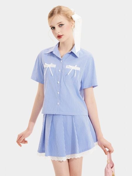Áo sơ mi crop top hai túi trước đính nơ