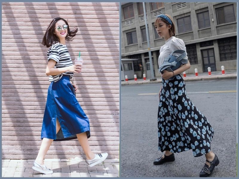Áo phông phối chân váy midi cho outfit mùa hè năng động